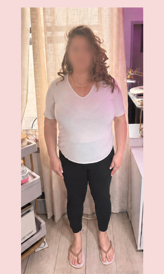 Styling client before her color analysis, wearing a washed-out white tee and black leggings